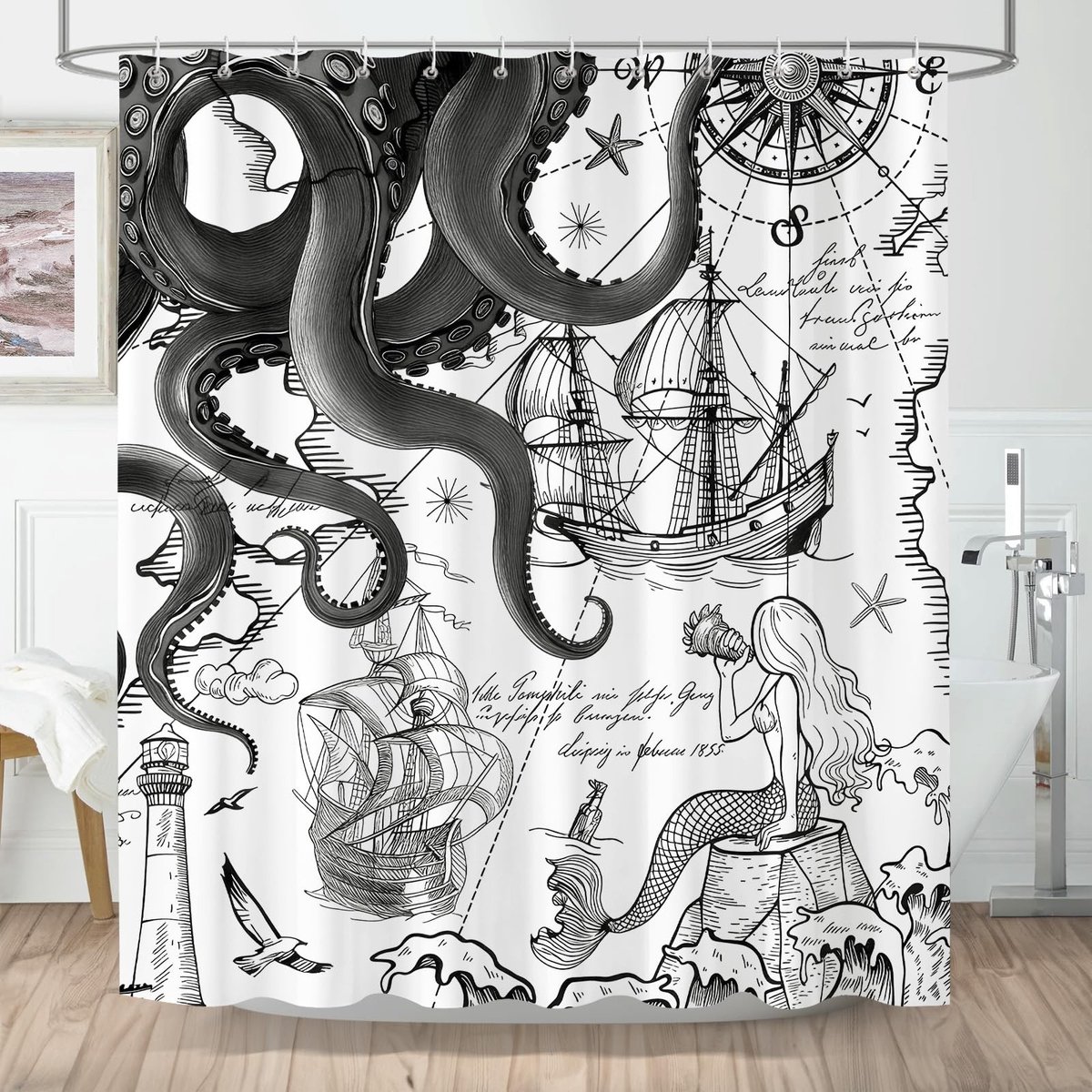 Omgoods - Octopus Douchegordijn - Retro Nautische Stijl, Waterdicht