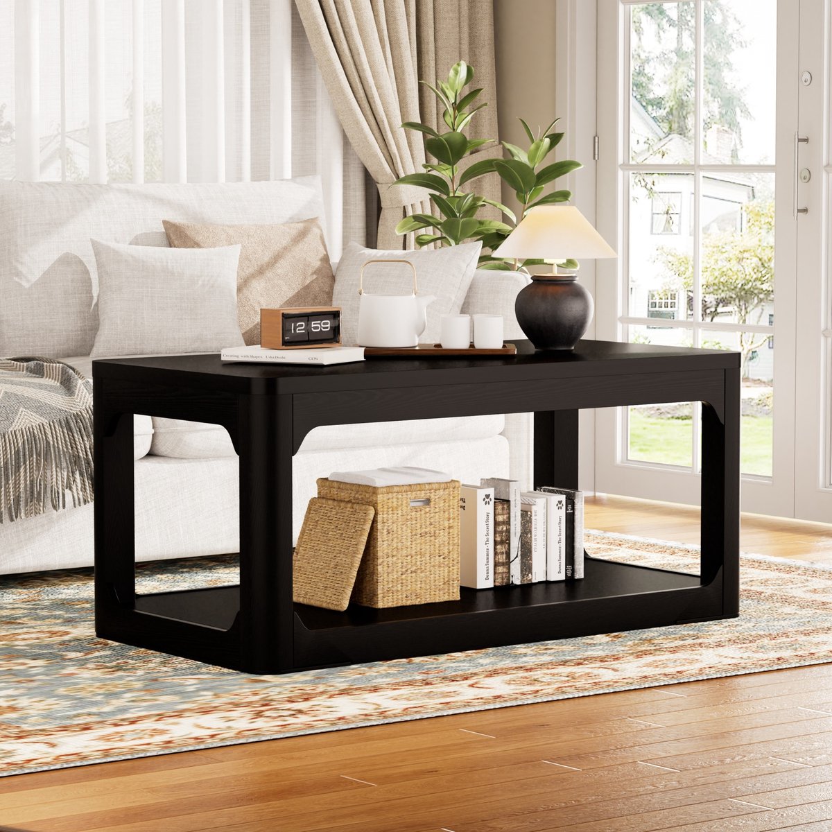 DESMIU Salontafel - Tweelaags Opbergontwerp Met 2 Open Vakken - Voor Woonkamer En Slaapkamer - MDF - 100x50x44,5 Cm - Zwart