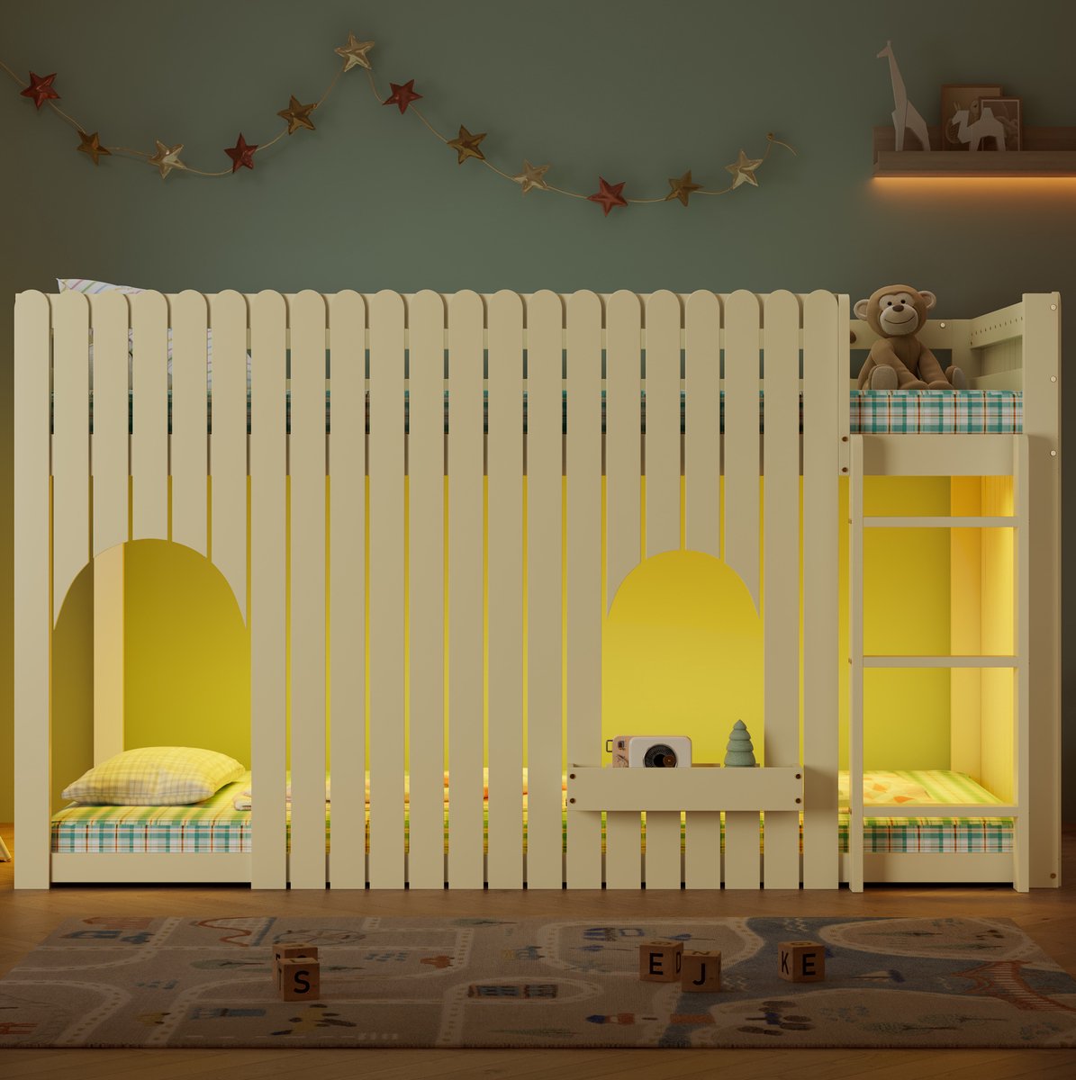COVREO Hoogslaper met veiligheidszijden en LED-verlichting – 206x102x118 cm – Kinderbed van hout en MDF – met ladder en opbergruimte – Naturel - zonder matras