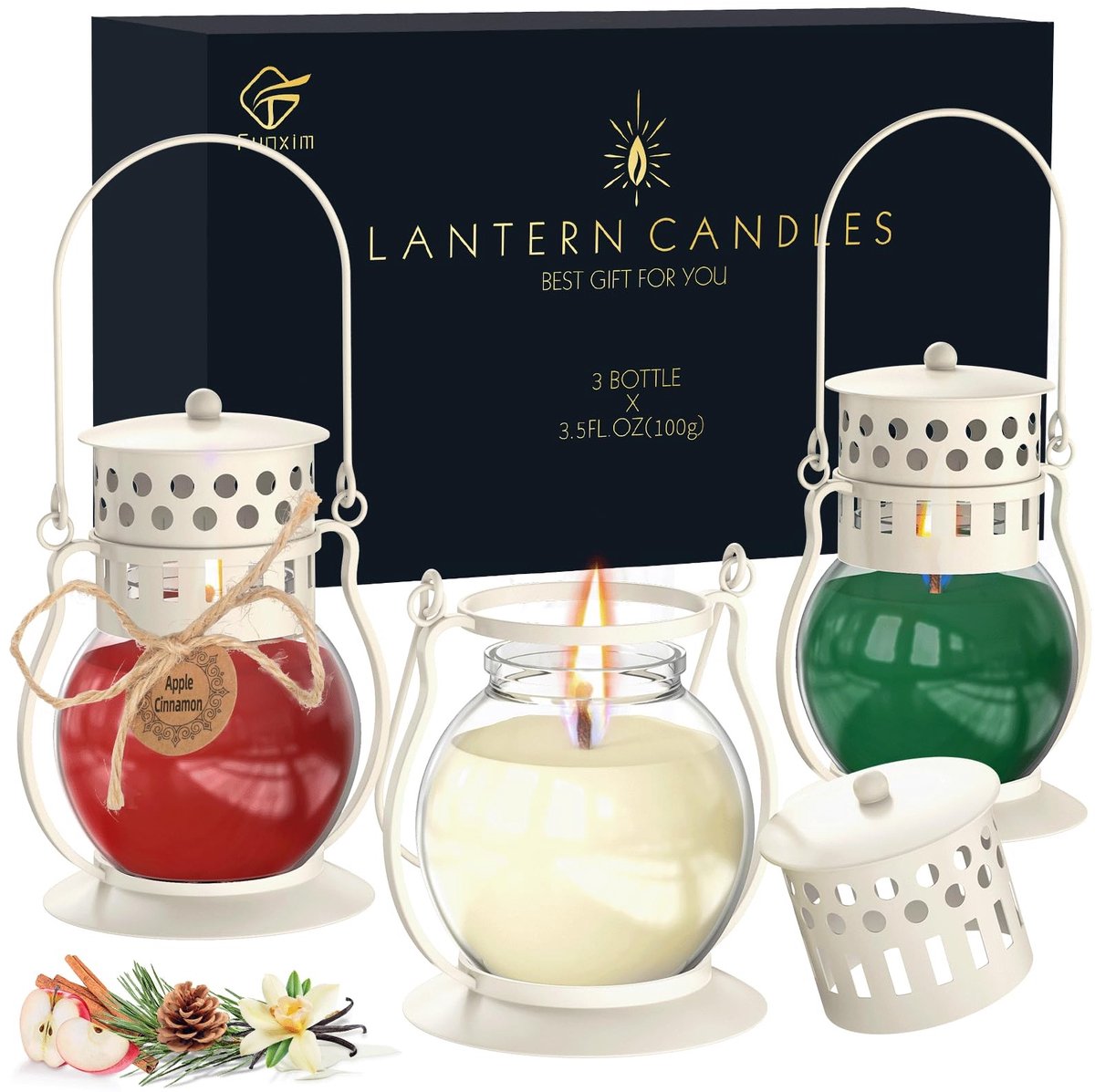 Omgoods- Geurkaarsen Set - 3 Retro Lantaarn Kaarsen - Balsam Cedar/Apple Cinnamon/Creamy Vanilla - Soja Pot Kaarsen - Aromatherapie - Herfst Geuren - Aromakaarsen