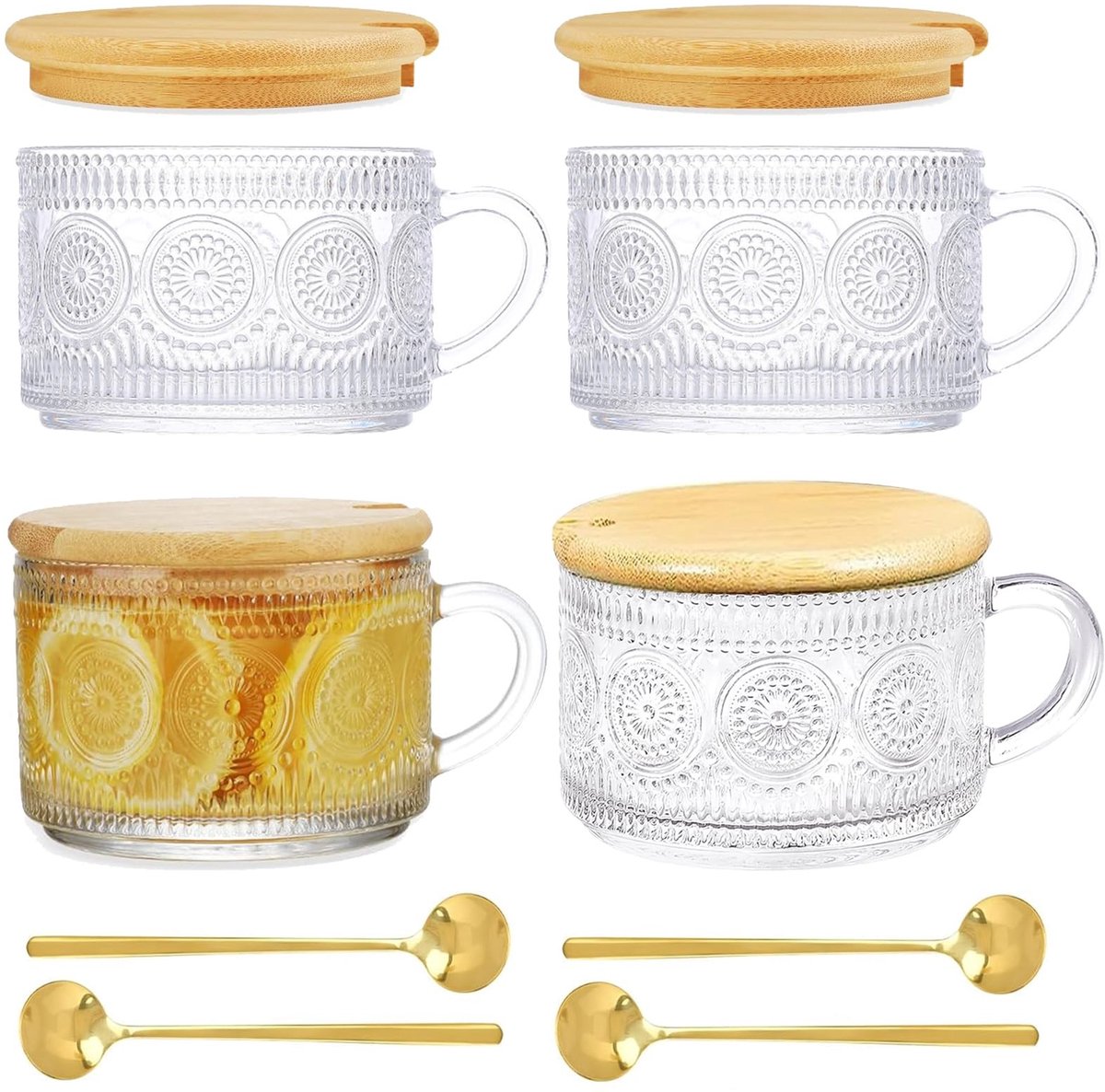 Omgoods- Glazen Bekers Set van 4 - Koffiekopjes met Handvat - Bamboe Deksels - 450 ml - Vintage Ontwerp - Duurzaam Glas