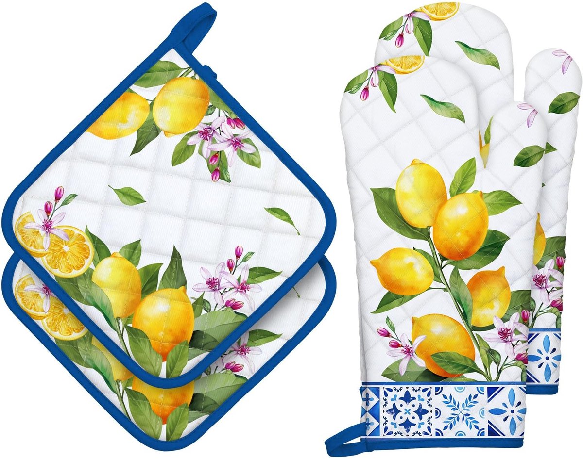 Omgoods - Zomer Citroen Ovenwanten en Potholders Set - 100% Katoen en Hittebestendig