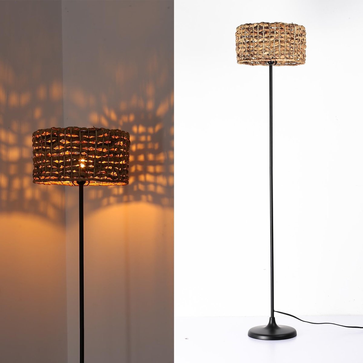 Omgoods - Vloerlamp met Natuurlijke Rieten Lampenkap, Vintage Stijl