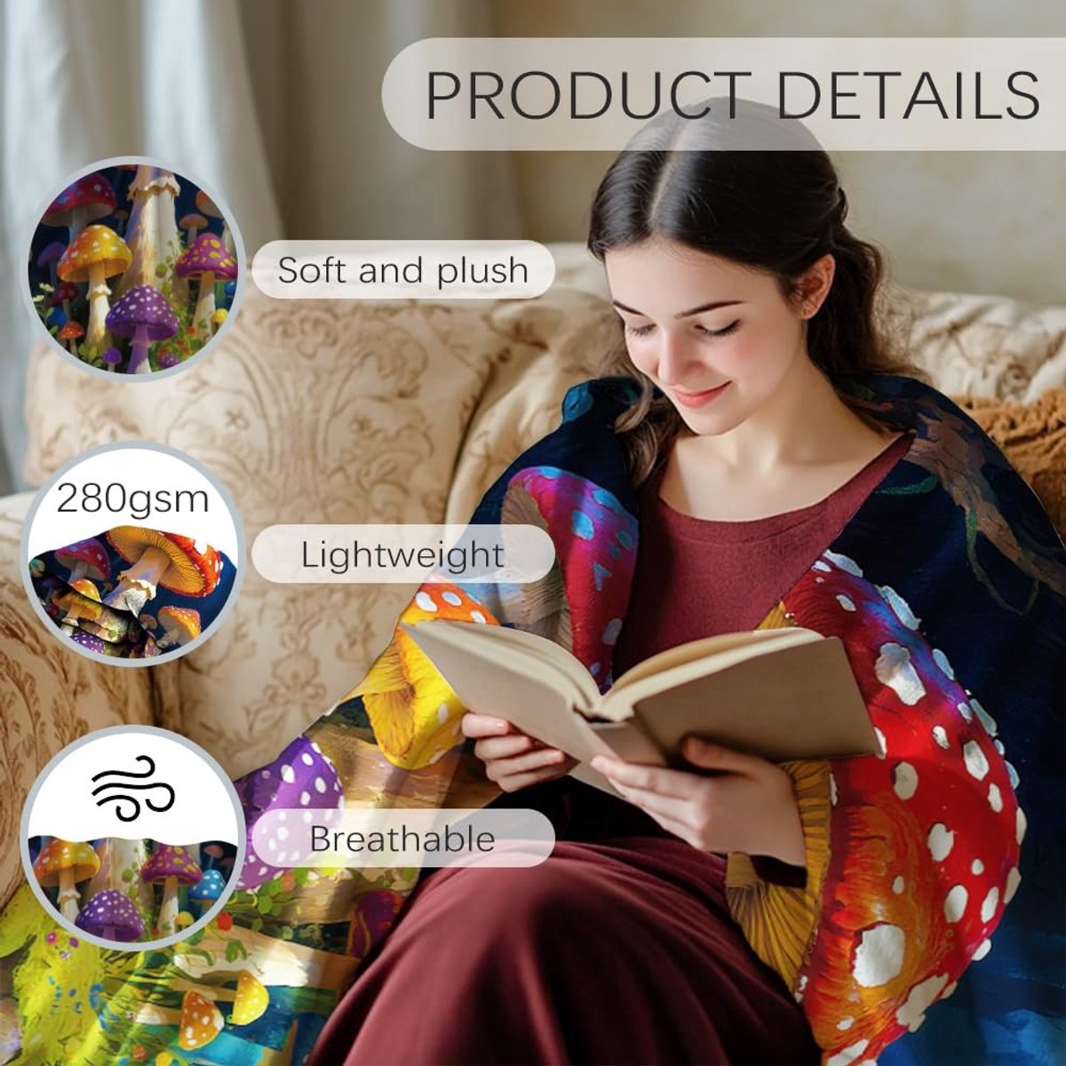 Omgoods - Flanellen Deken met Paddenstoelpatroon 150 x 130 cm