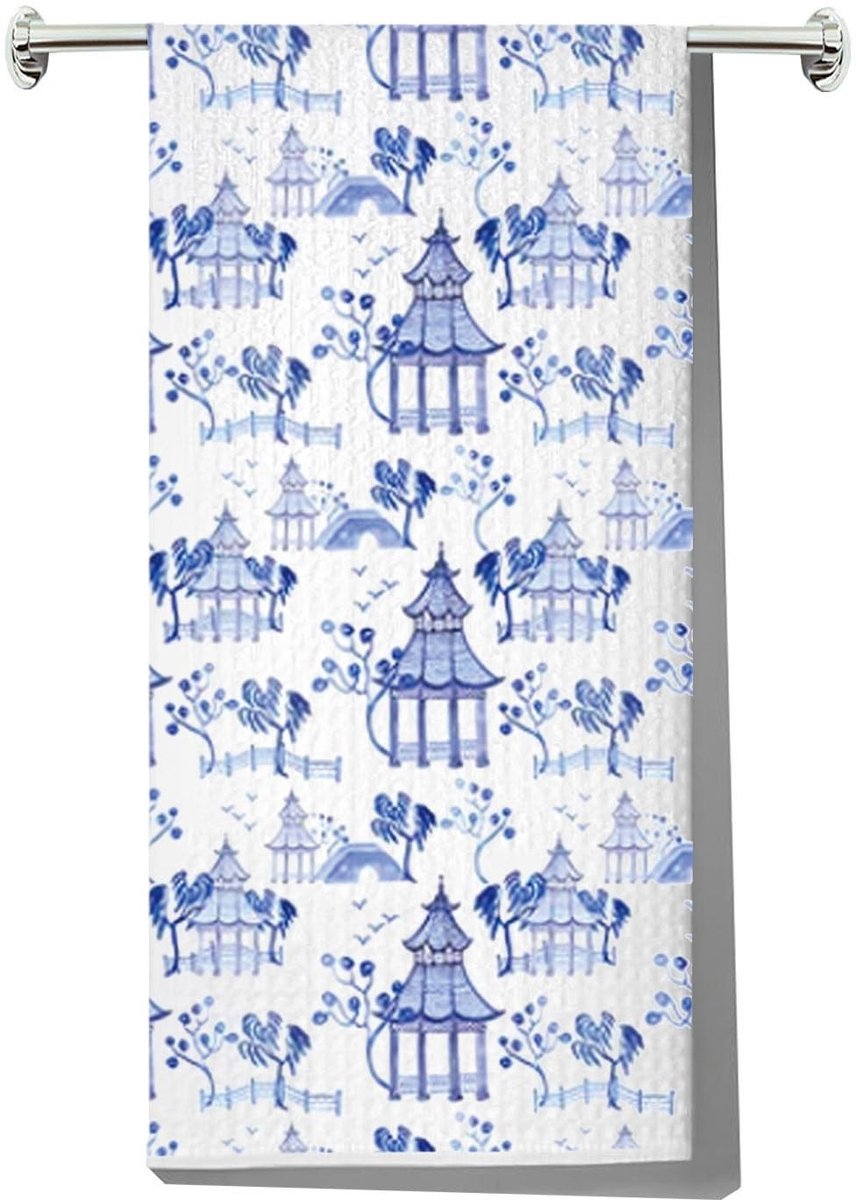 Omgoods - Keukendoek Chinoiserie Pagode Design Katoen 30x13 cm Blauw
