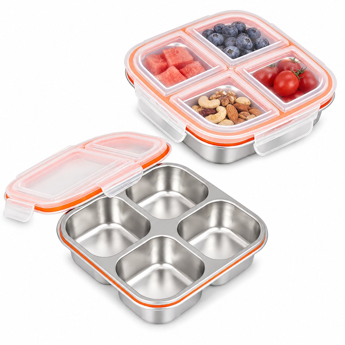 Lunchbox - RVS Snackbox 2 Stuks - Bento Lunchbox 4 Vakken - Lekvrije Snackdoos met Deksel 600 ml - Herbruikbare Lunchbox - School Werk Camping - Kinderen Volwassenen