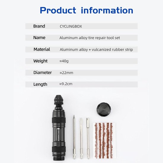 Fiets Bandreparatieset - Tubeless Reparatie Kit - Lekke Band Herstellen - Aluminium Opbergbus - 95x2x2 cm - Zwart van fiets — afbeelding 2