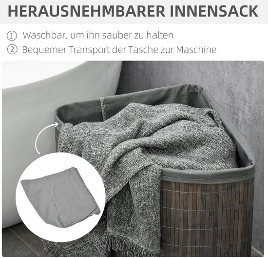COVREO Wasmand 38x38x57 cm grijs, bamboe met deksel en uitneembare zak — afbeelding 5