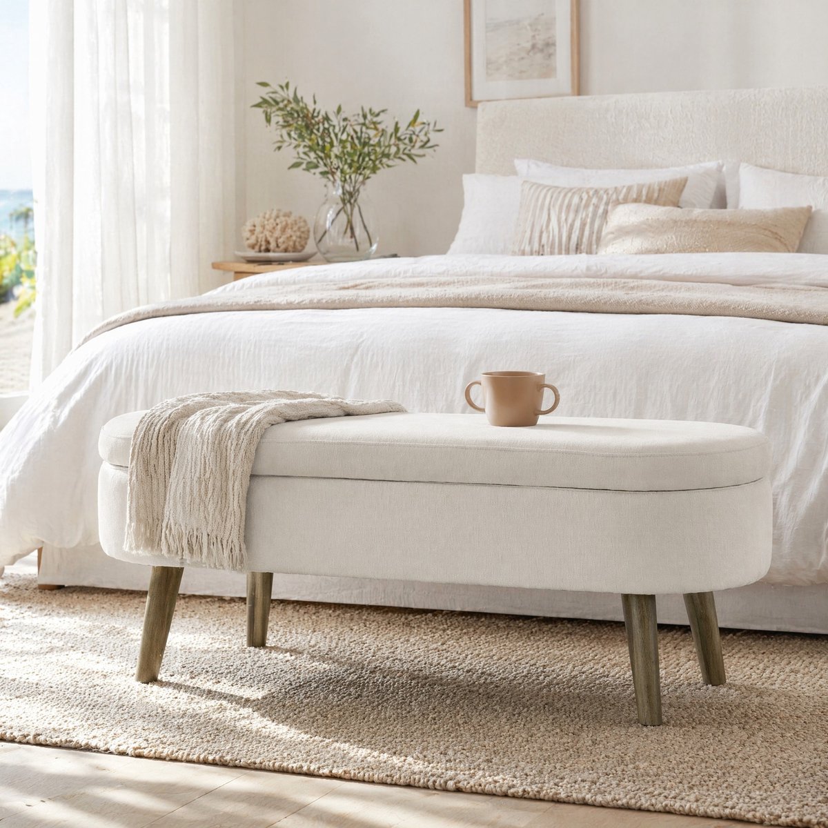 REDOM- Opbergbank - Chenille bekleding - Houten poten - Opbergruimte - Scandinavische stijl - Woonkamer, slaapkamer en hal - Hout - Beige - 110 x 40 x 42 cm