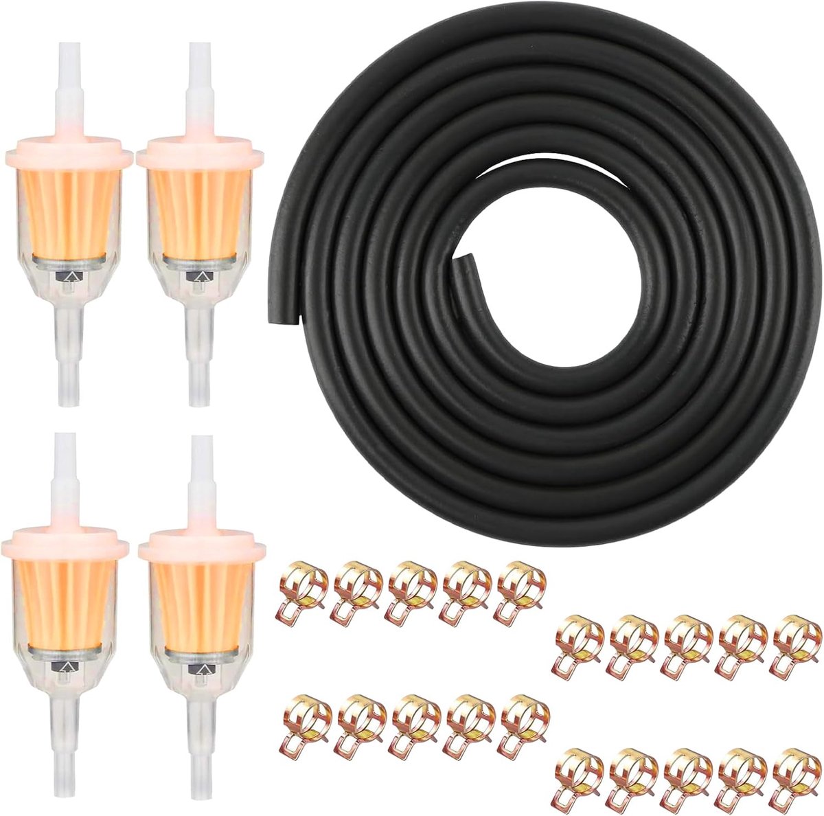 SnelShoppen - Brandstofslang Set 5 mm - 2 Meter Brandstoflijn met 4 Brandstoffilters 5 mm / 8 mm en 20 Slangklemmen voor Auto, Motor, Scooter en Grasm