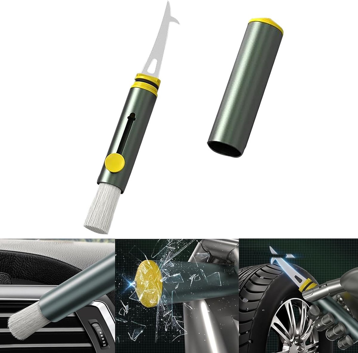 SnelShoppen - Auto Detailing Borstel 3-in-1, Interieur Reinigingsborstel met Bandensteen Haak en Ruitbreker, Luchtuitlaat Borstel, Multifunctioneel en