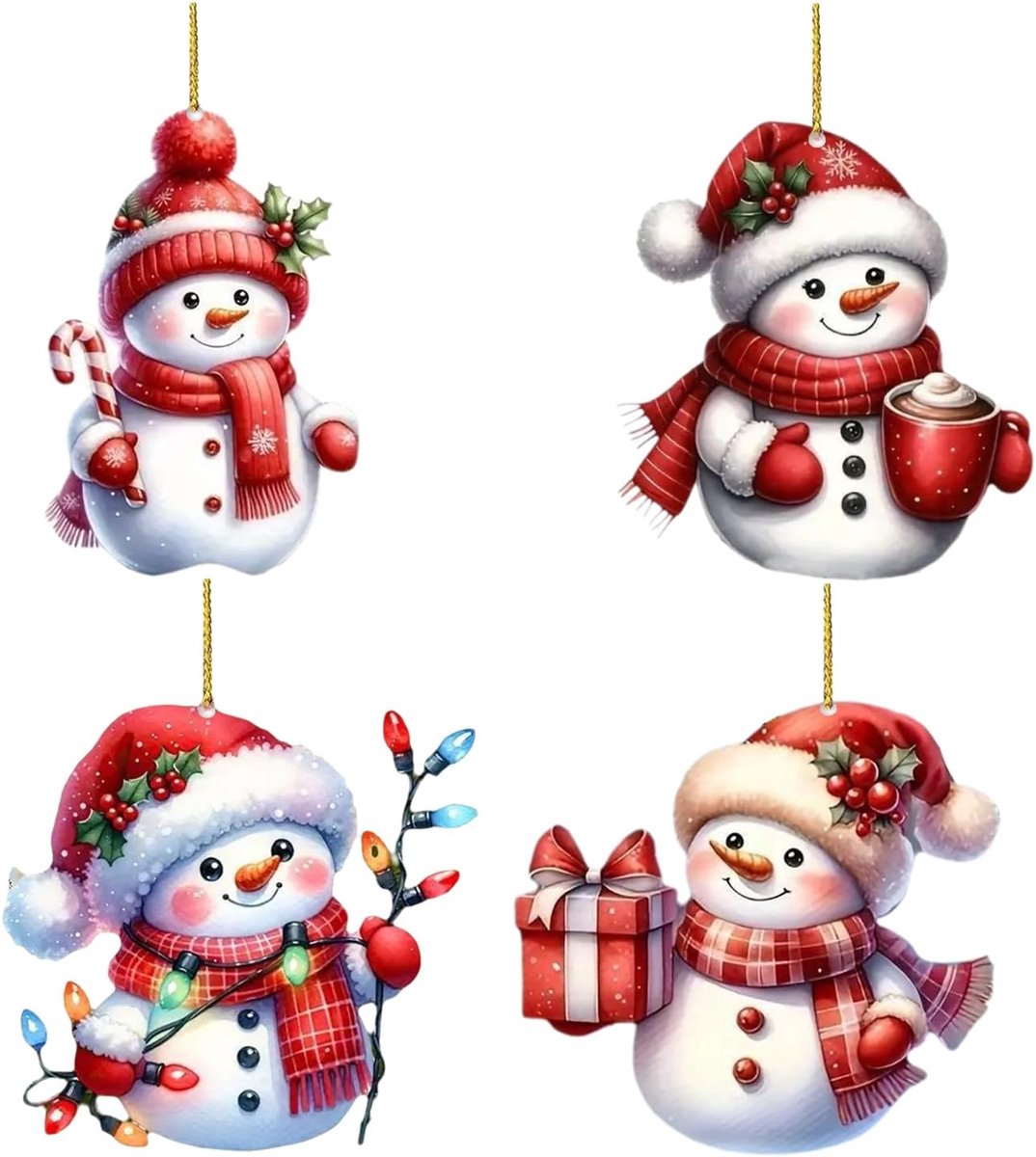 SnelShoppen - Mini Kerstboom Hanger Snowman Decoraties Set - 4 Stuks 2D Sneeuwman Versiering met Lanyards - Kerstfeest Decoratie voor Tuin, Huis, Wand