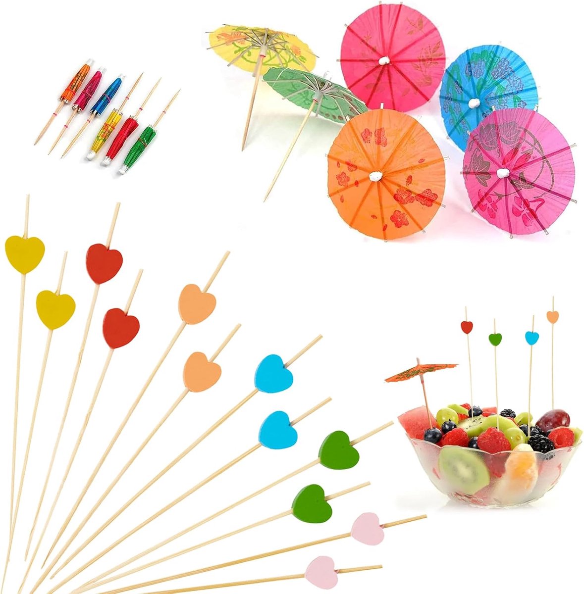 Cocktailprikkers 12 cm - Houten hartprikkers - Kleurrijke cocktaildecoratie - Perfect voor kinderen en feestjes - ShopVlot