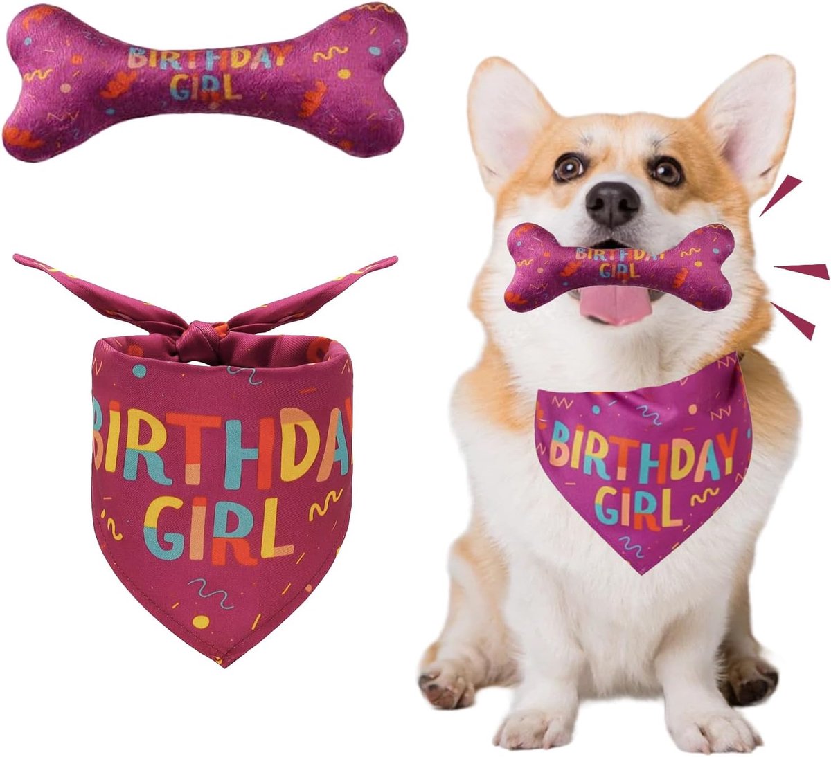 SnelShoppen - Honden Verjaardagsbandana Set met Speelgoed Bot, Verjaardagsmeisje Bandana Driehoek Sjaal, Puppy Verjaardagsoutfit en Decoratie voor Kle