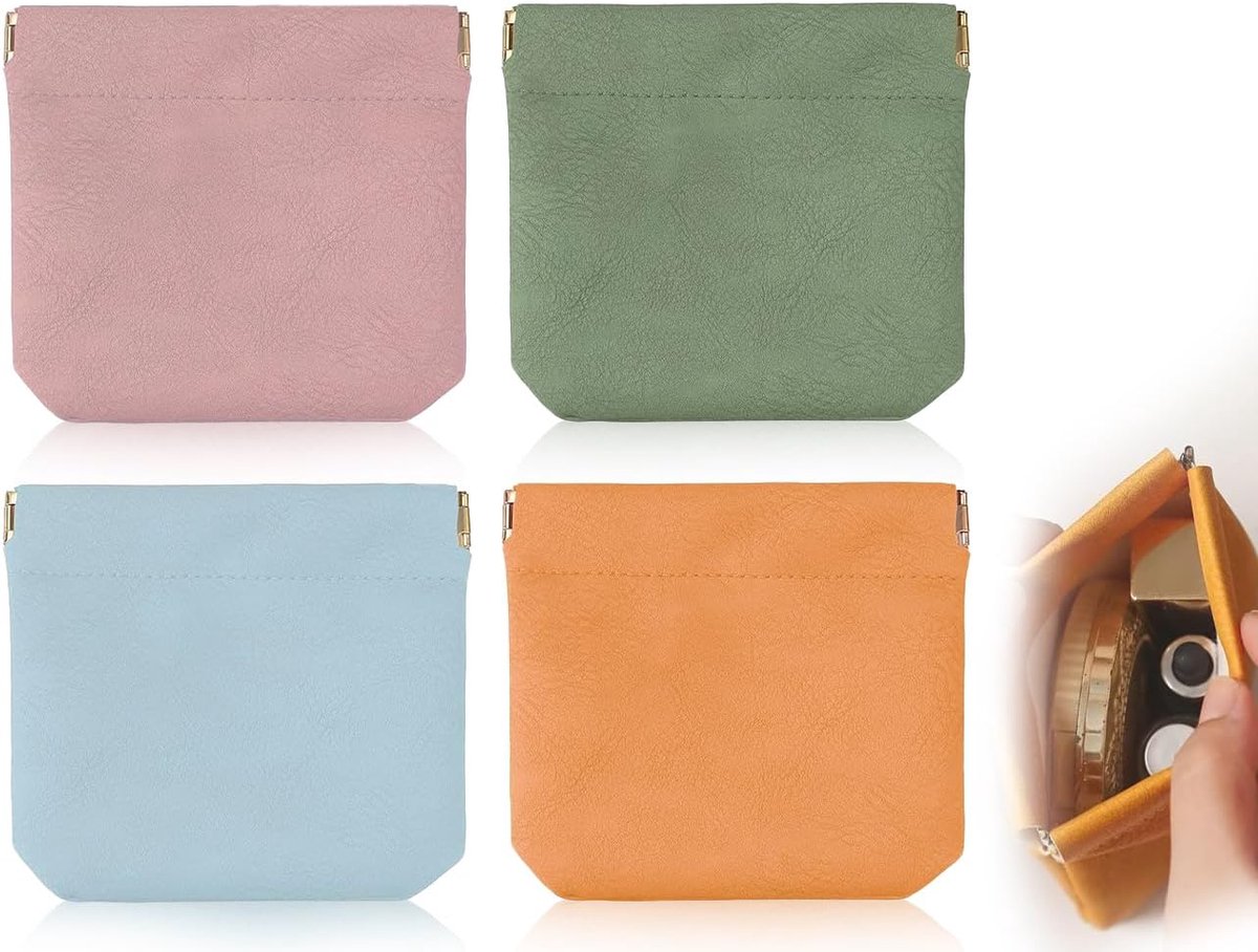 SnelShoppen - 4 Stuks Leren Make-up Tasjes Mini, Portable Make-up Reistas voor Vrouwen, Handtas, Sleuteltas in Roze/Oranje/Groen/Blauw