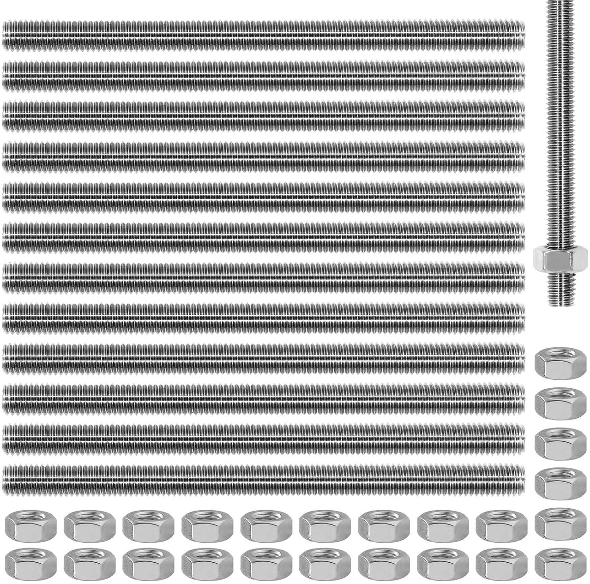 SnelShoppen - Set van 12 M8 Draadstangen 100 mm, 304 RVS Volledig Draad, DIN 975, 24 M8 Zeskantmoeren (Zilver) - Roestvrij, Sterk, Voor Klussen en Bev