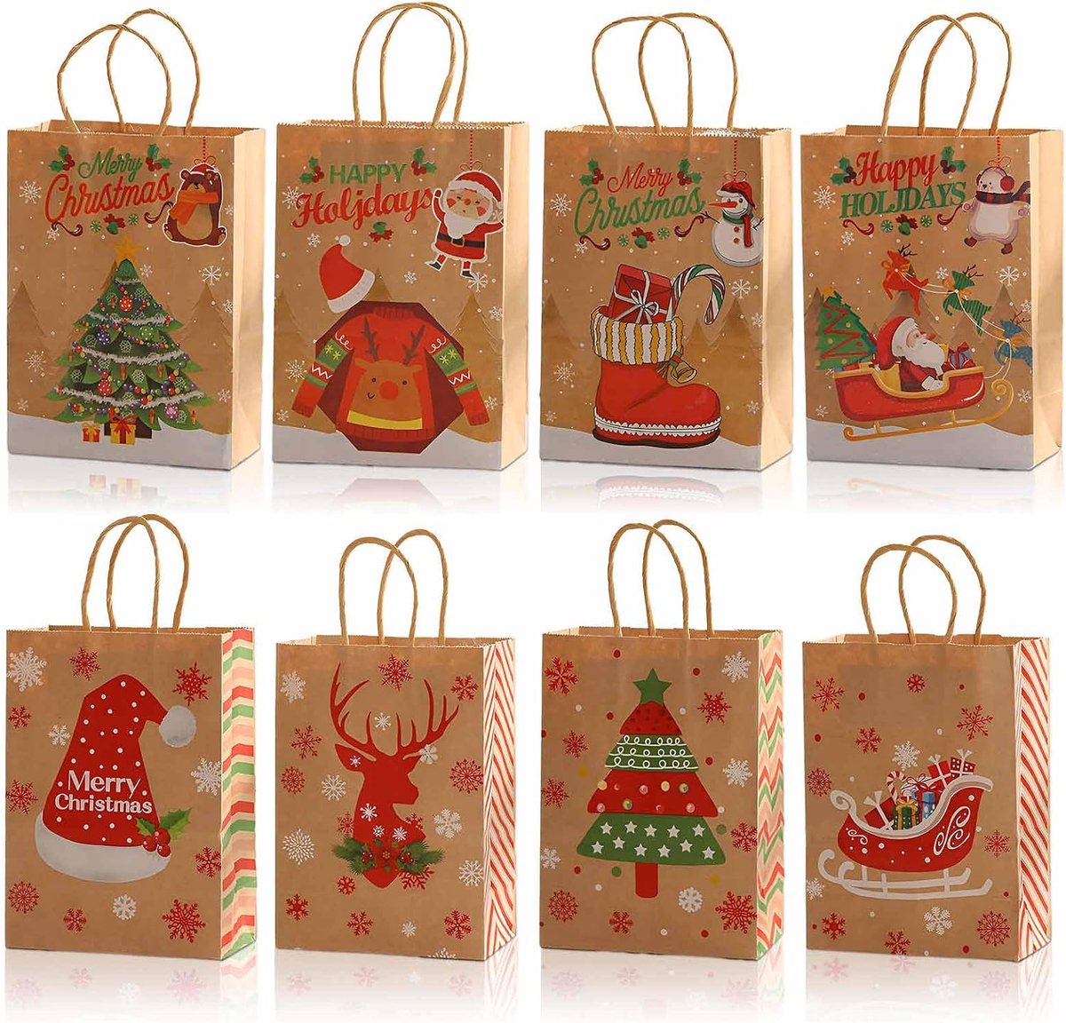 SnelShoppen - 24 Stuks Papieren Kerstcadeauzakjes - Herbruikbare Kraftpapier Zakjes - Diverse Kerstpatronen - 21x15x8cm - Perfect voor Feestdagen