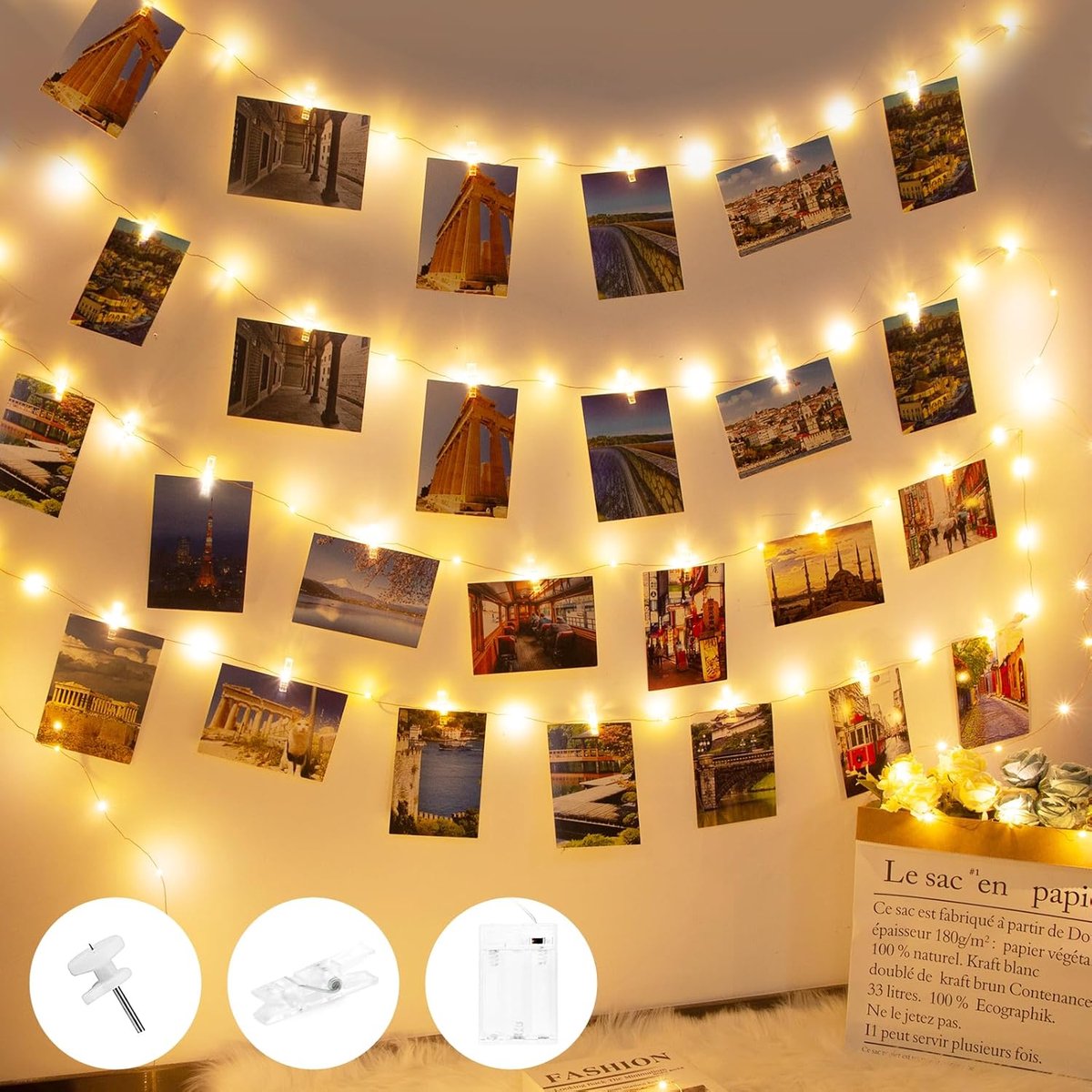 SnelShoppen - 100 LED Fairy Lights 10 m met Timer, Foto Clips met 60 Clips, Batterijgevoed voor Sfeervolle Kamer- en Woonkamerdecoratie