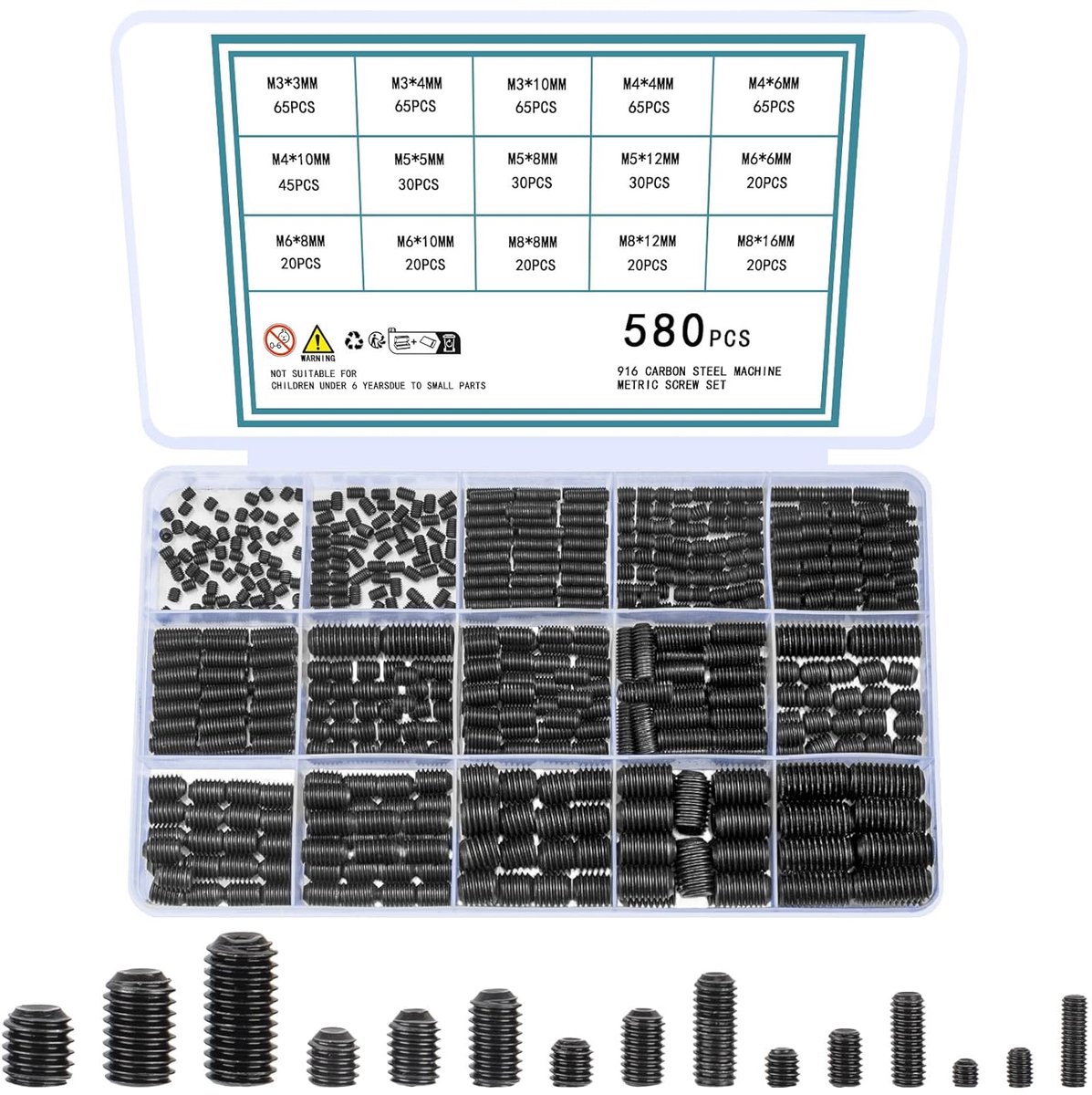 SnelShoppen - 580-delige Metrische Draad Verstelbare Schroeven Set, M3 M4 M5 M6 M8 Hex Schroeven Assortiment, Allen Schroeven Kit, Koploze Schroeven v