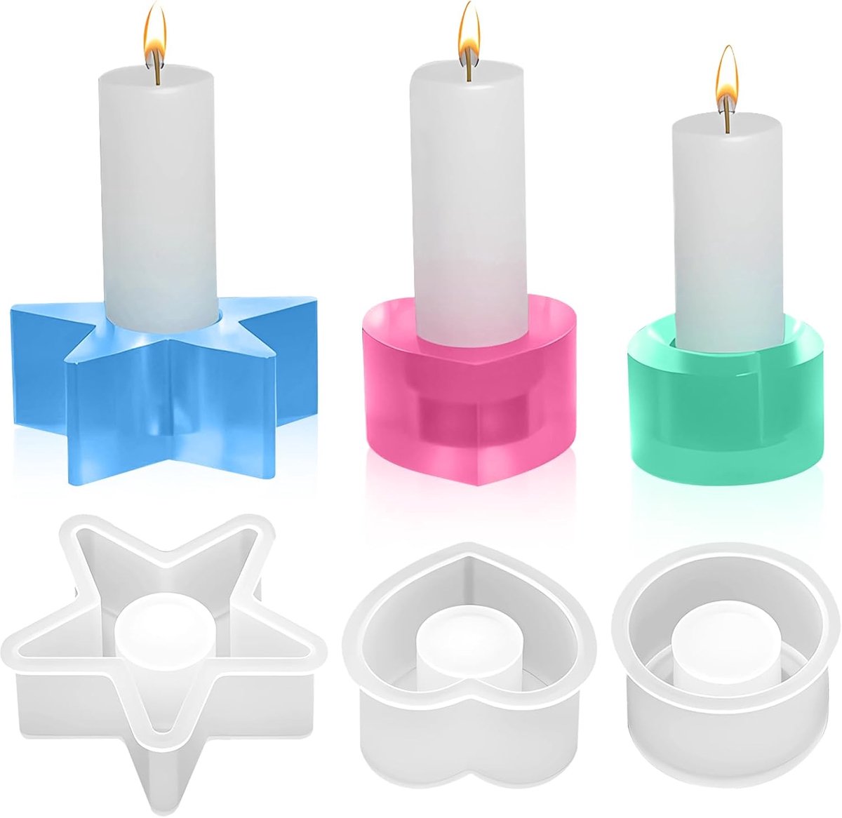 SnelShoppen - 3D Silicone Mallen Kaarsenhouder Set van 3 - Hart, Ster, Rond - Hoogwaardige Siliconen Mallen voor DIY Kaarsen - Perfect voor Feest, Tui