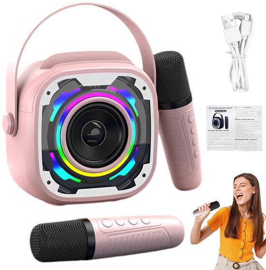 Karaokeset voor kinderen - Uitgerust met 2 microfoons - Bluetooth-luidspreker - Met RGB-verlichting - Draadloze draagbare luidspreker - LED-verlichting - 1200 mAh batterij - Afspelen via USB-stick - Roze — afbeelding 4