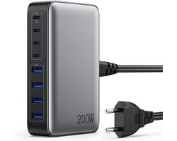 Zwarte 200W GaN III USB-C Snellader (EU) – 8-Poort PD/QC/PPS Multi-Oplader, Geschikt voor MacBook Pro/Air, iPhone, iPad Pro, Galaxy, SteamDeck