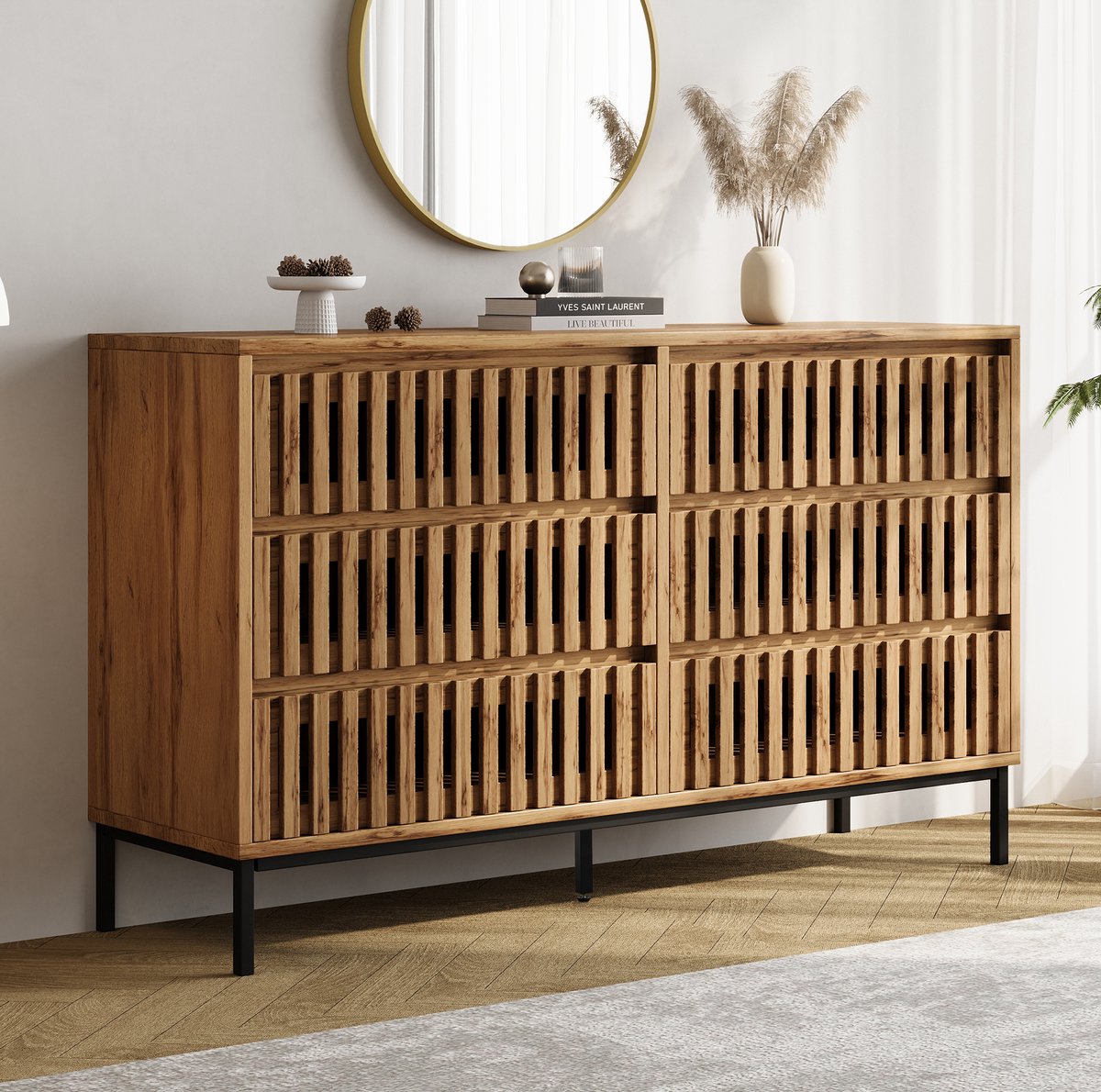 FloraGrace Dressoir - 6 Lades Met Open Latdesign - Voor Woonkamer Slaapkamer En Hal - MDF En Spaanplaat - 120x40x81 Cm - Naturel