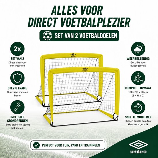 Twee gele Umbro voetbaldoelen, 120 x 90 cm. "Alles voor direct voetbalplezier", "Set van 2", "Weerbestendig", "Compact formaat", "Snel te monteren".