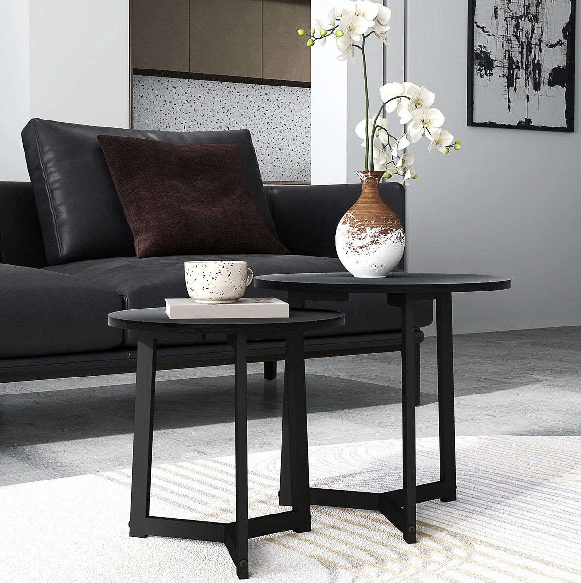 COVREO Salontafel set 48x48x45 cm zwart, MDF en staal nestbaar