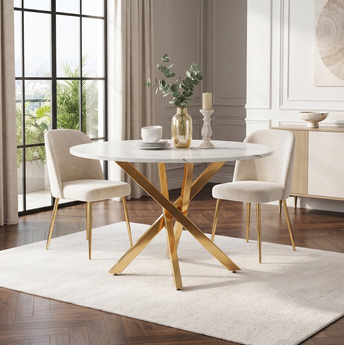FloraGrace Eettafel - Ronde Tafel Met Marmerlook En X-Poot - Voor Eetkamer En Kleine Woonruimte - MDF En Metaal - 80x80x75 Cm - Goud Wit