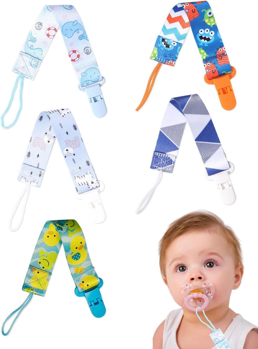 Fopspeenkettingen 5 stuks - blauw - siliconen clip - zacht en veilig voor baby's - SnelShoppen
