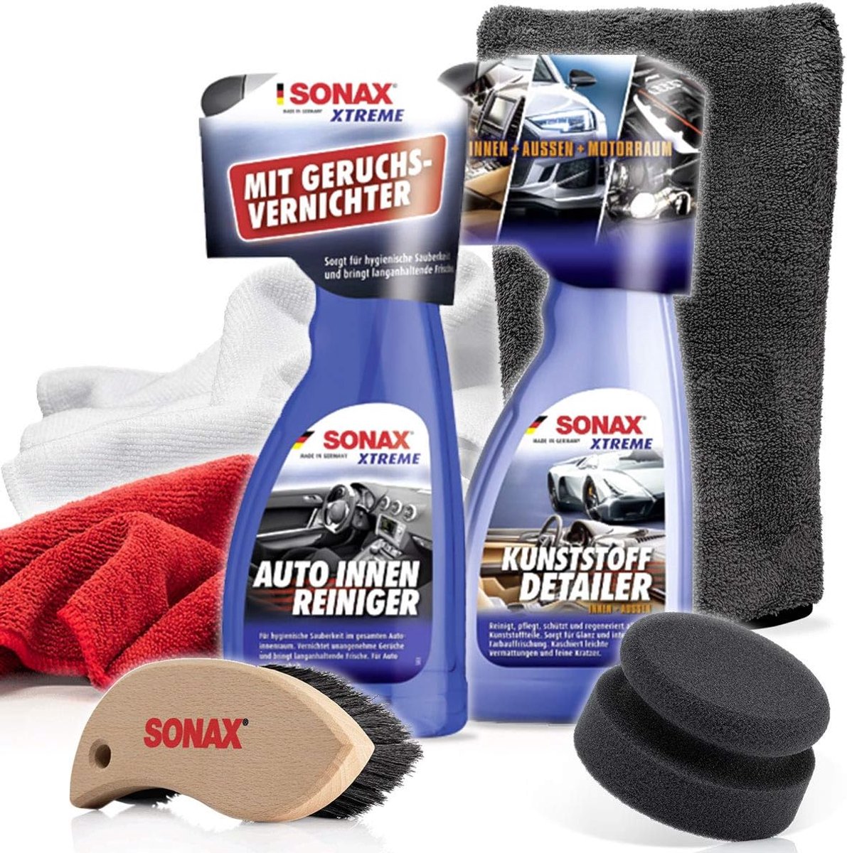 SnelShoppen - Complete Auto Interieur Reinigingsset - 500ml Interieurreiniger + 500ml Plastic Detailer + 2 Microvezeldoeken + Leerborstel + Onderhouds