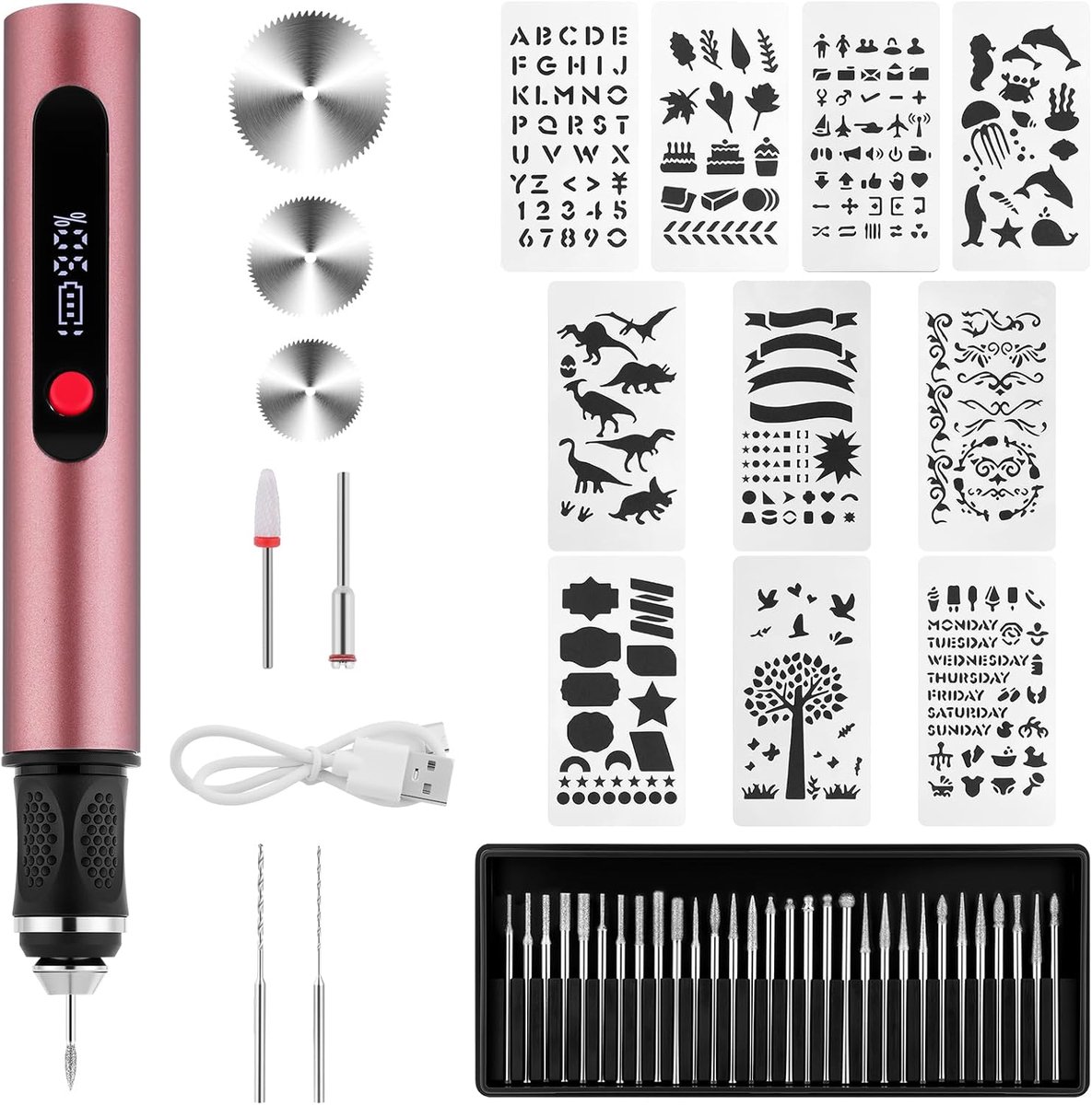 SnelShoppen - Draadloze Elektrische Graveerpunt, Oplaadbare Graveerpunt met 30 Bits, 10 Sjablonen, Graveertool Set voor Hout, Sieraden, Glas, Keramiek