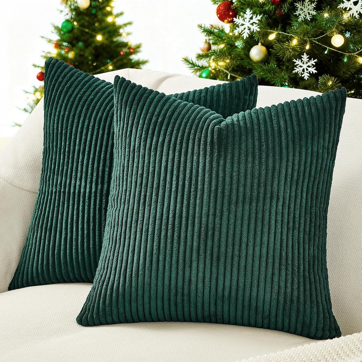 Set van 2 Donkergroene Corduroy Kussenhoezen met Gestreept Patroon 45 x 45 cm voor Decoratieve Kussens en Sofa Kussens