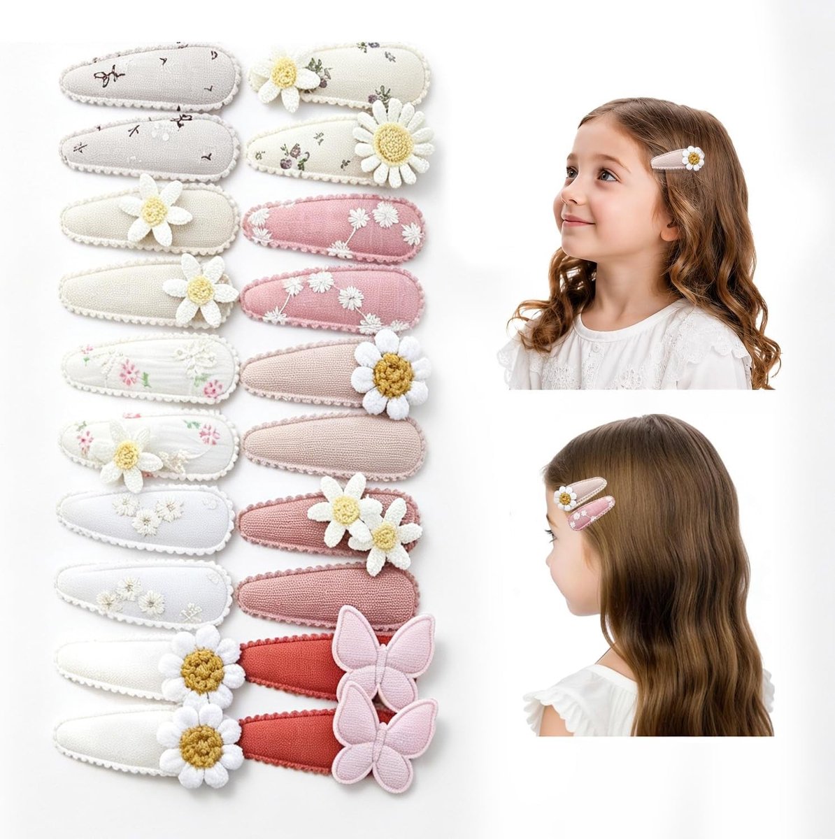 Stoffen Haarspeldjes voor Kleuters en Kinderen, 20 Stuks Geborduurd met Bloemen en Vlinders, Perfect voor Haaraccessoires en Verjaardagsfeestjes