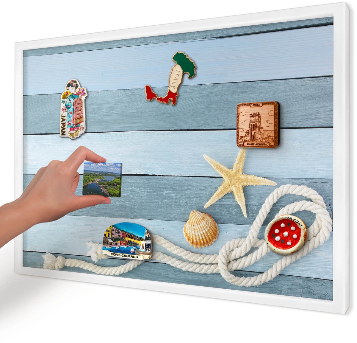 Artprintcave Blauw Magneetbord mit Witte Lijst - 60x40 cm - Maritiem Klimaat Magnetisch Bord Voor Magneten - Modern Magneetbord Voor Foto's - Natuur
