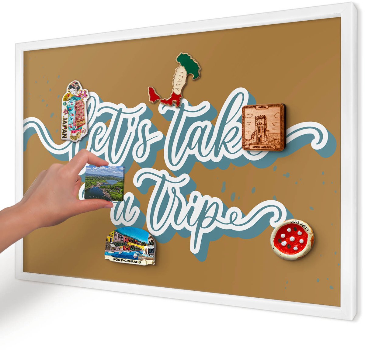 Artprintcave Bruin Magneetbord mit Witte Lijst - 60x40 cm - Droomreis Magnetisch Bord Voor Magneten - Typografisch Magneet Bord mit Frame - Teksten