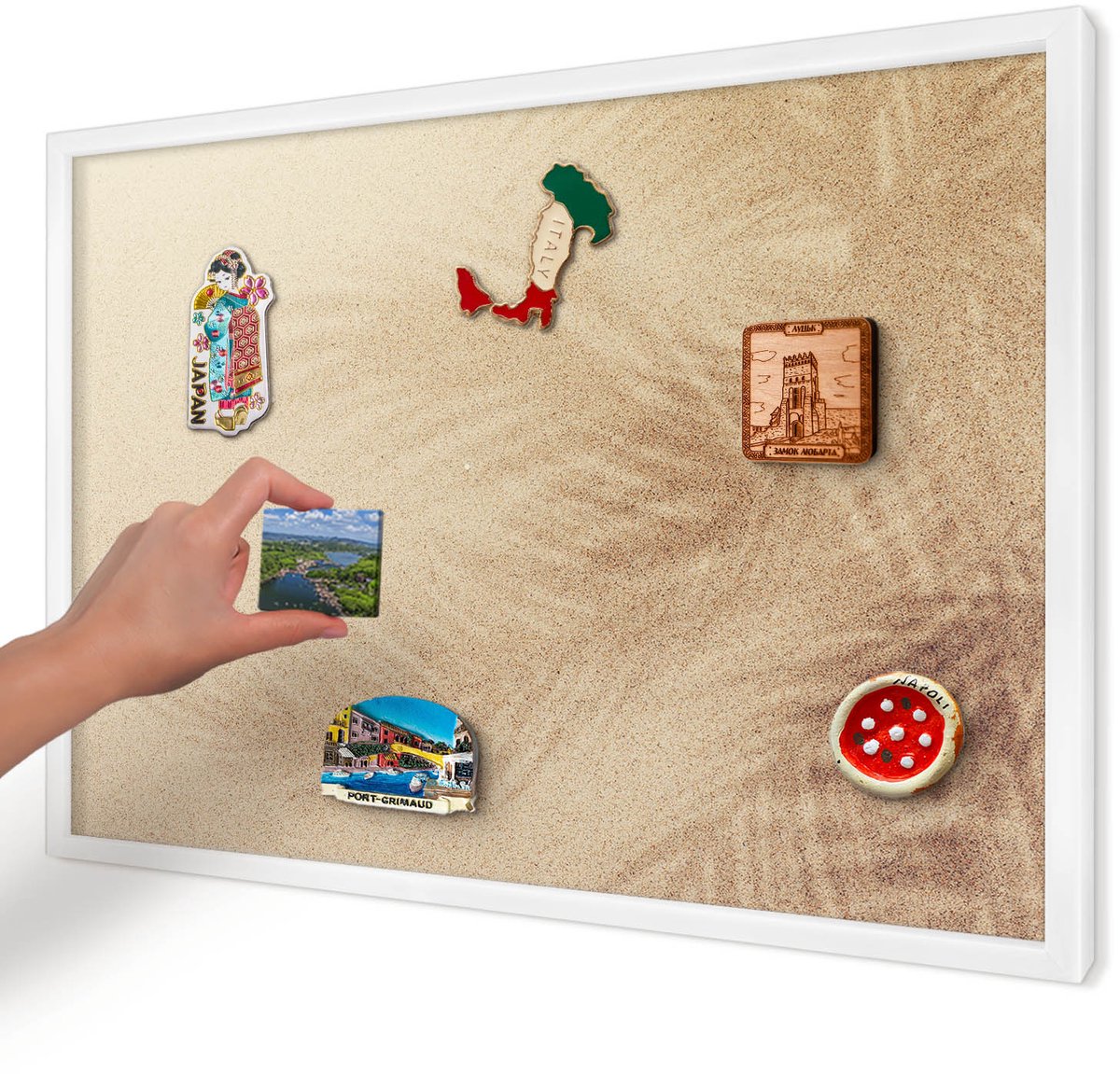 Artprintcave Beige Magneetbord mit Witte Lijst - 60x40 cm - Zandbladeren Notitiebord - Minimalist Magneetbord Voor Keuken - Natuur
