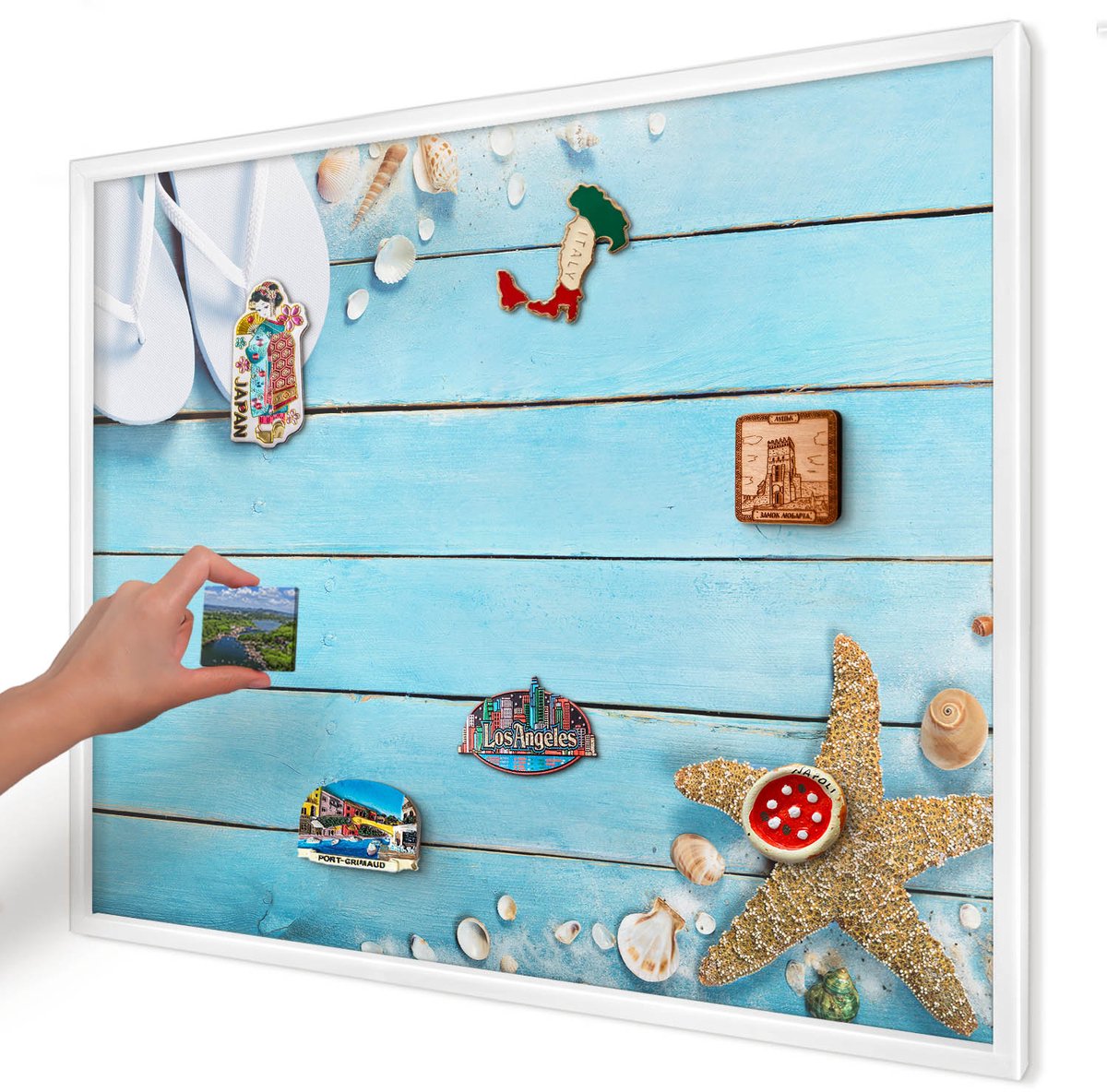 Artprintcave Blauw Magneetbord mit Witte Lijst - 80x60 cm - Vakantierust Wandbord Magnetisch - Fotografisch Memobord Keuken - Landschappen