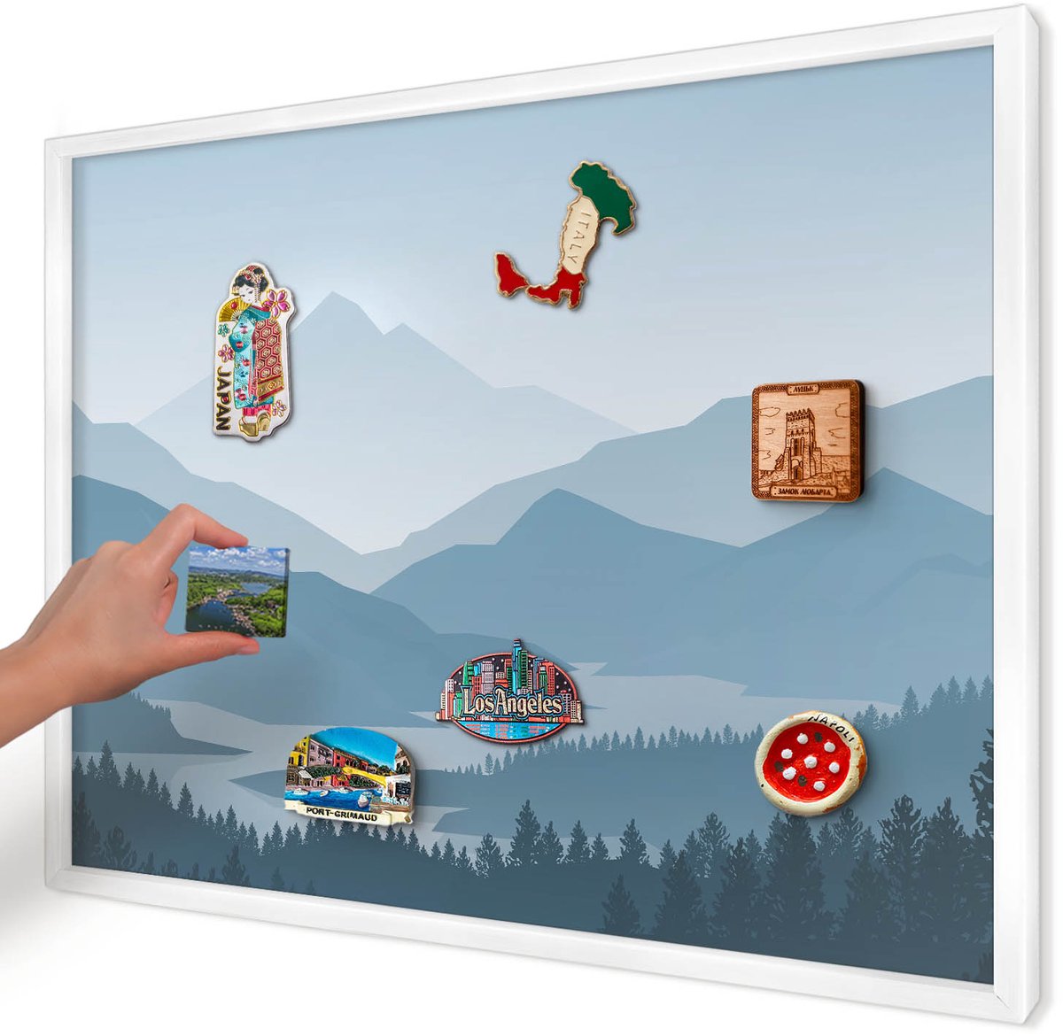 Artprintcave Blauw Magneetbord mit Witte Lijst - 70x50 cm - Berg Harmonie Magnetische Organizer - Abstract Bord Voor Magneten - Landschappen