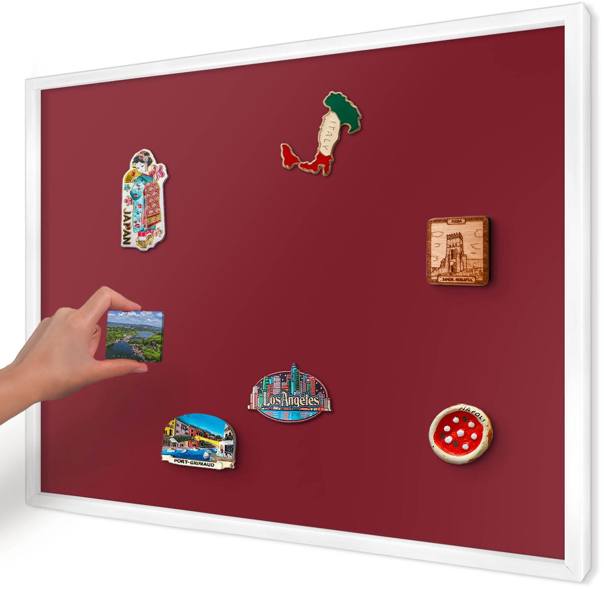 Artprintcave Bordeaux Magneetbord mit Witte Lijst - 70x50 cm - Levendig Bordeauxrood Magnetische Organizer - Minimalist Magneetbord Voor Foto's - Achtergronden En Patronen
