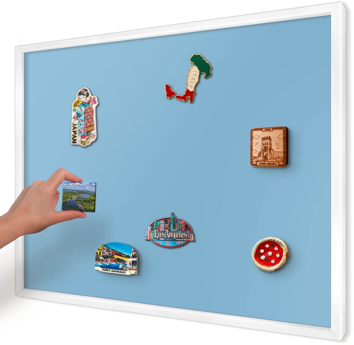 Artprintcave Blauw Magneetbord mit Witte Lijst - 70x50 cm - Blauwe Kleur Magneetbord Voor Foto's - Minimalist Magnetisch Bord Voor Magneten - Achtergronden En Patronen