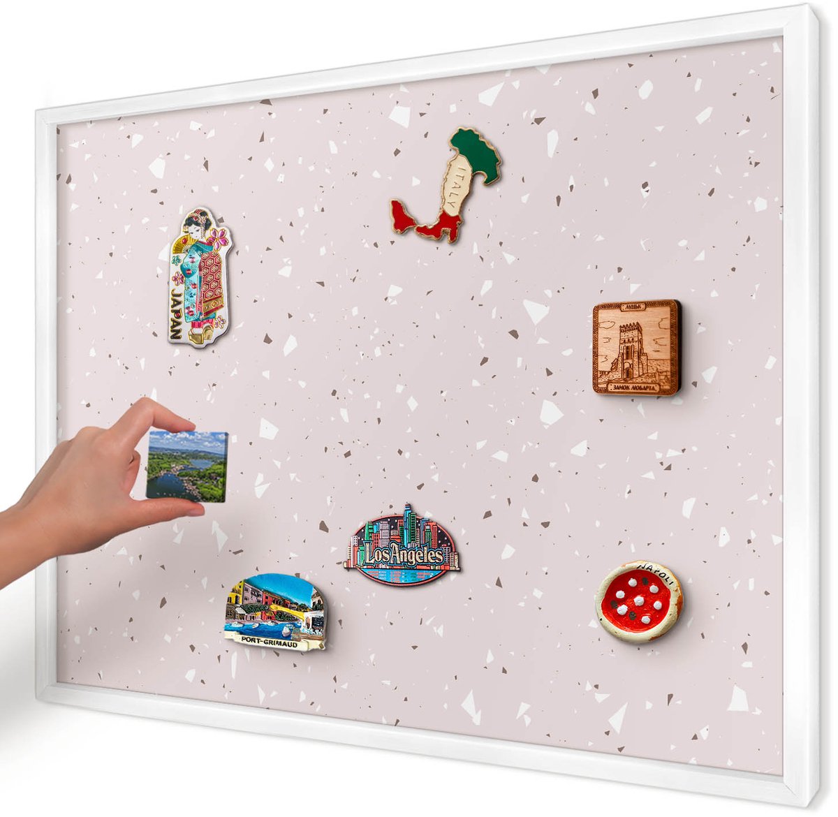 Artprintcave Roze Magneetbord mit Witte Lijst - 70x50 cm - Modern Terrazzo Magnetisch Bord Voor Magneten - Modern Magneetbord Voor Foto's - Achtergronden En Patronen