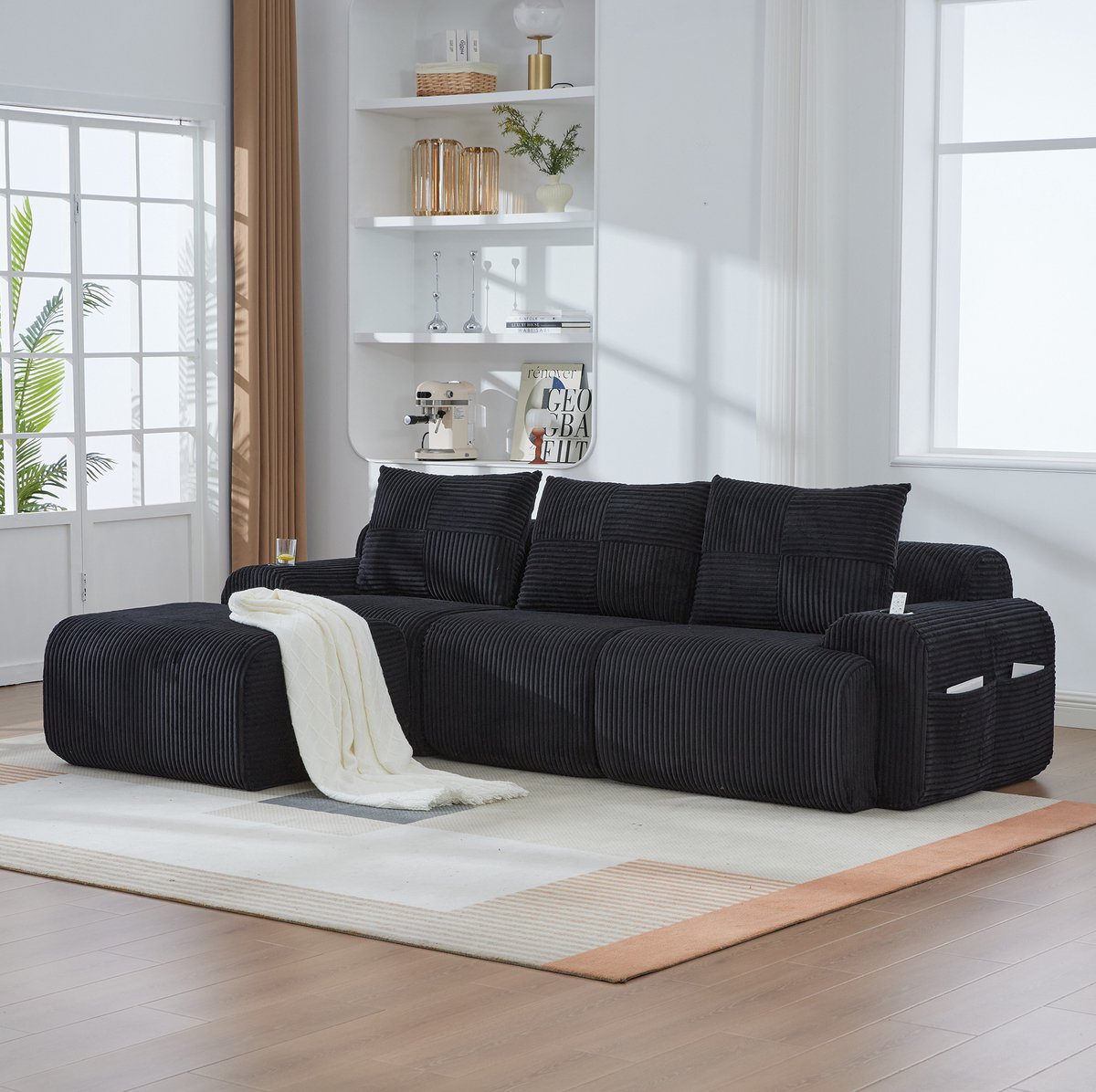 MODENUIT Bank Set 268 x 174 x 80 cm - Modulair Met Hocker, Bekerhouder En Opbergtas - Woonkamer - Corduroy Zwart