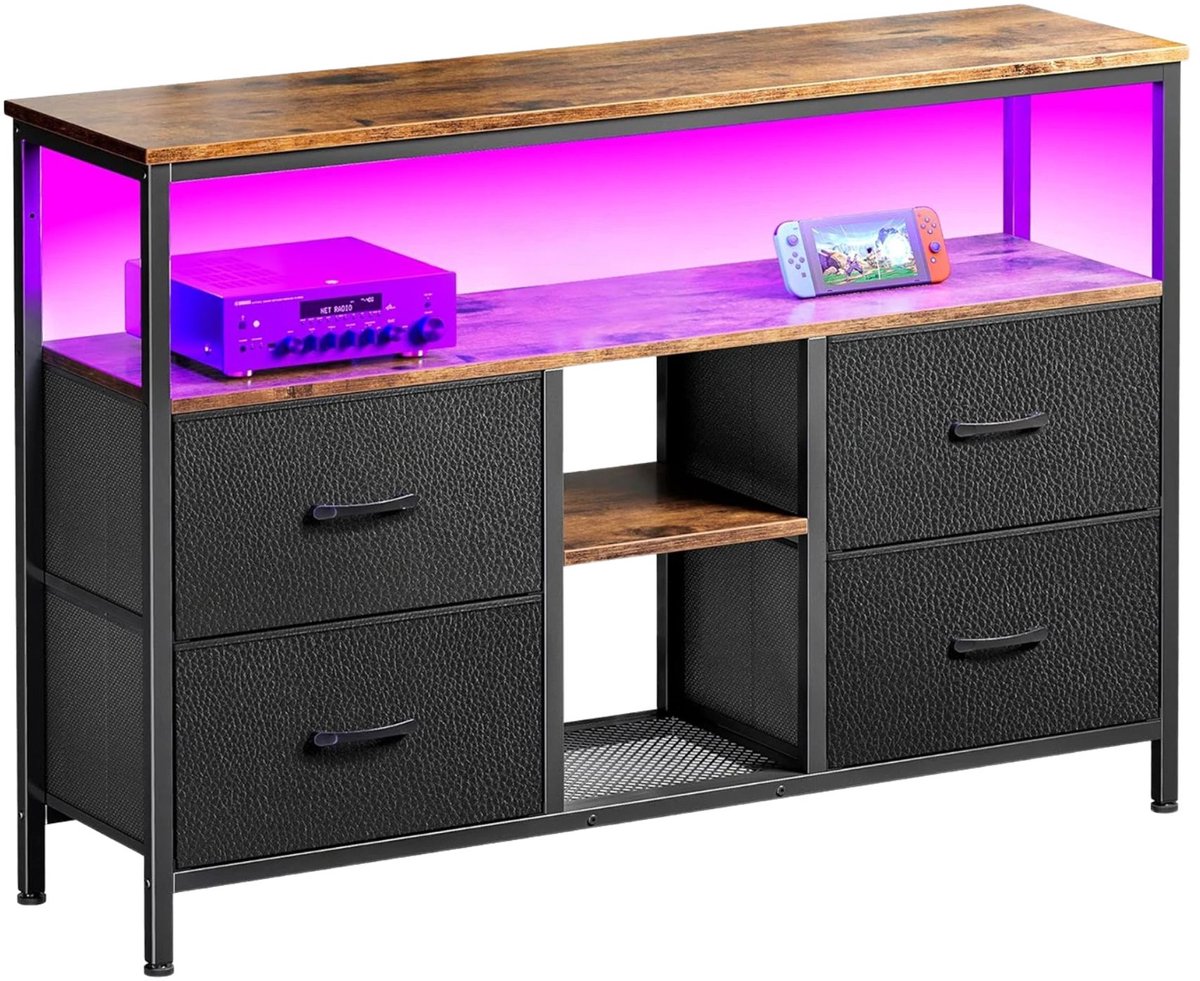 Happiq Opbergkast Ladekast - met LED - 240403PH0405 - Verlichting, 4 Lades en Open Plank, Modern Design - voor Slaapkamer en Woonkamer TV Black