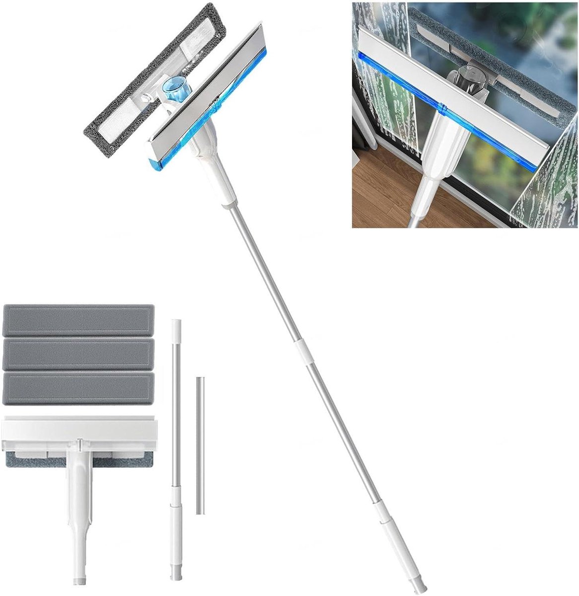 Raamwisser met Verlengstang - Raamtrekker Schraper - Ramen Schoonmaken - 4-in-1 Functionaliteit - 132 cm - Grijs