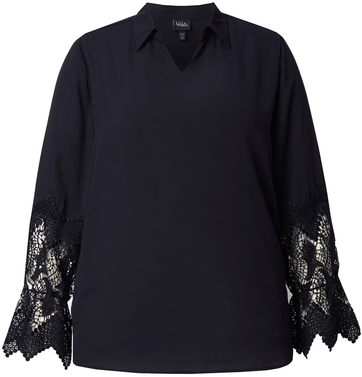 Ulla Popken - Dames - Blouse kant overhemdkraag V-hals lange mouwen crêpe - Zwart - Maat 58+