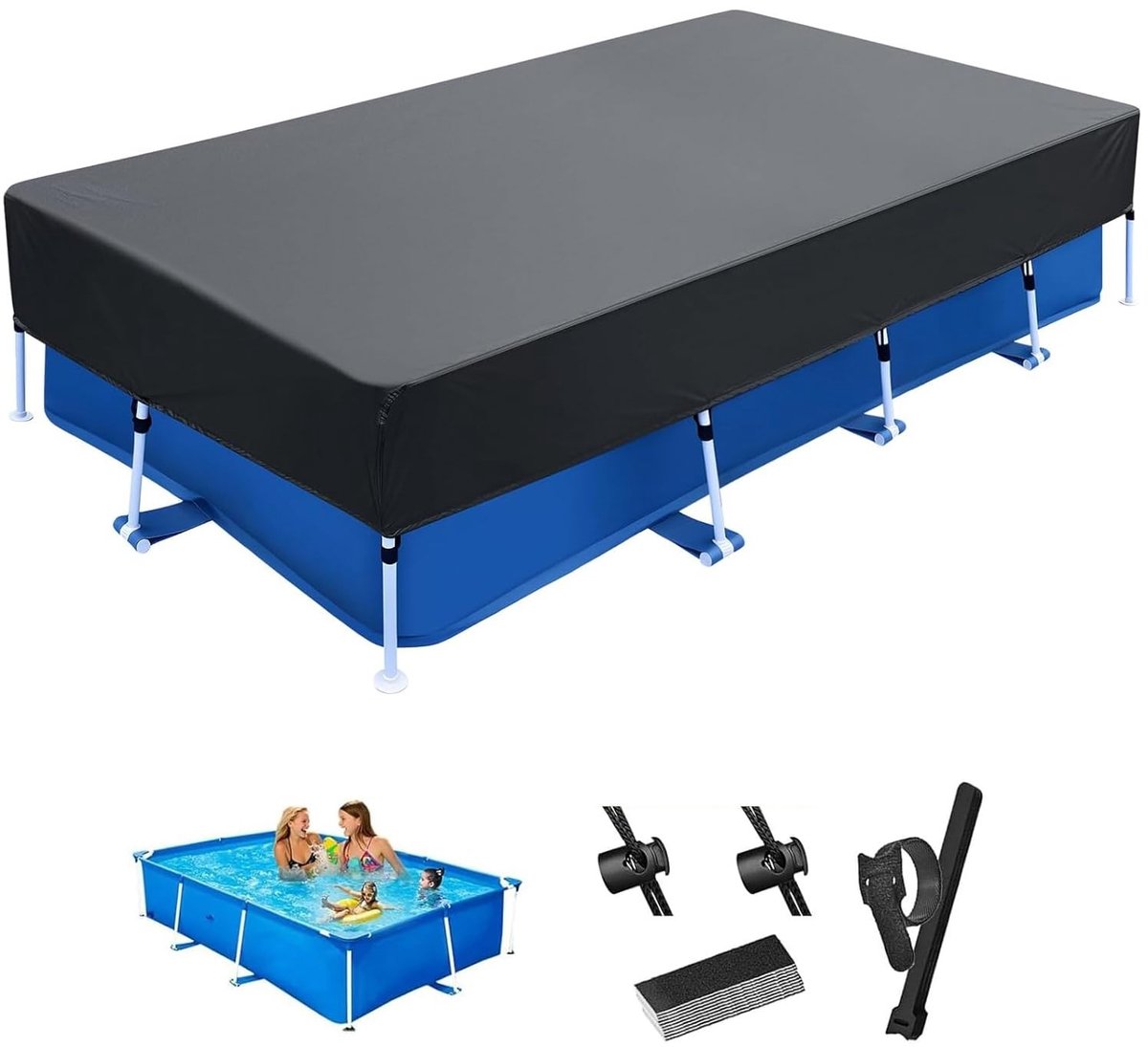 Omgoods- Zwembadafdekking rechthoekig - Duurzaam Oxford-stof - Regenbestendig - Stofdicht - 225 x 150 cm - Inclusief 10 klittenband - Zwembadhoes