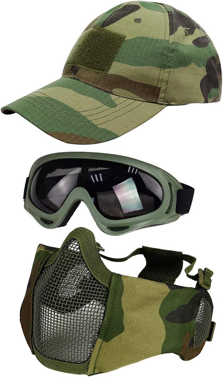 Tactisch Airsoft Masker Set met Veiligheidsbril, Verstelbare Half Gezichtsmasker en Outdoor Pet voor Airsoft, BB en CS Spellen, Inclusief Oogbescherming en Oorkappen