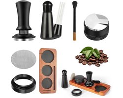 Omgoods- Espresso Tamper Set 51 mm - 7-delige Accessoires - Koffiestamper - WDT Tool/Distributeur - Doseertrechter/Puckzeef - Houten Basis/Tamperstation - Koffieaccessoires